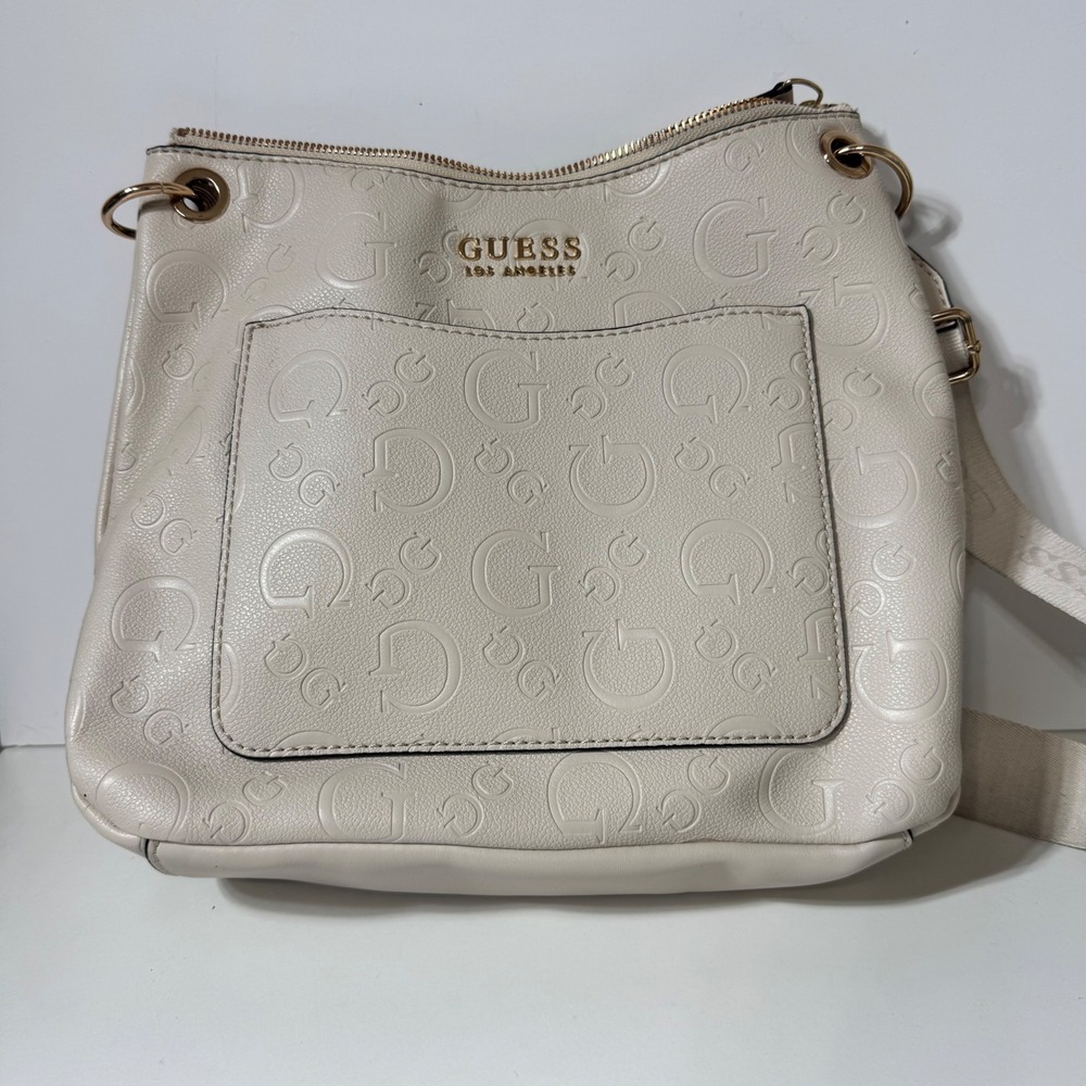 GUESS Crossbody Bag Cream Embossed Logo Faux Leather Gold Tone Hardware 10x10